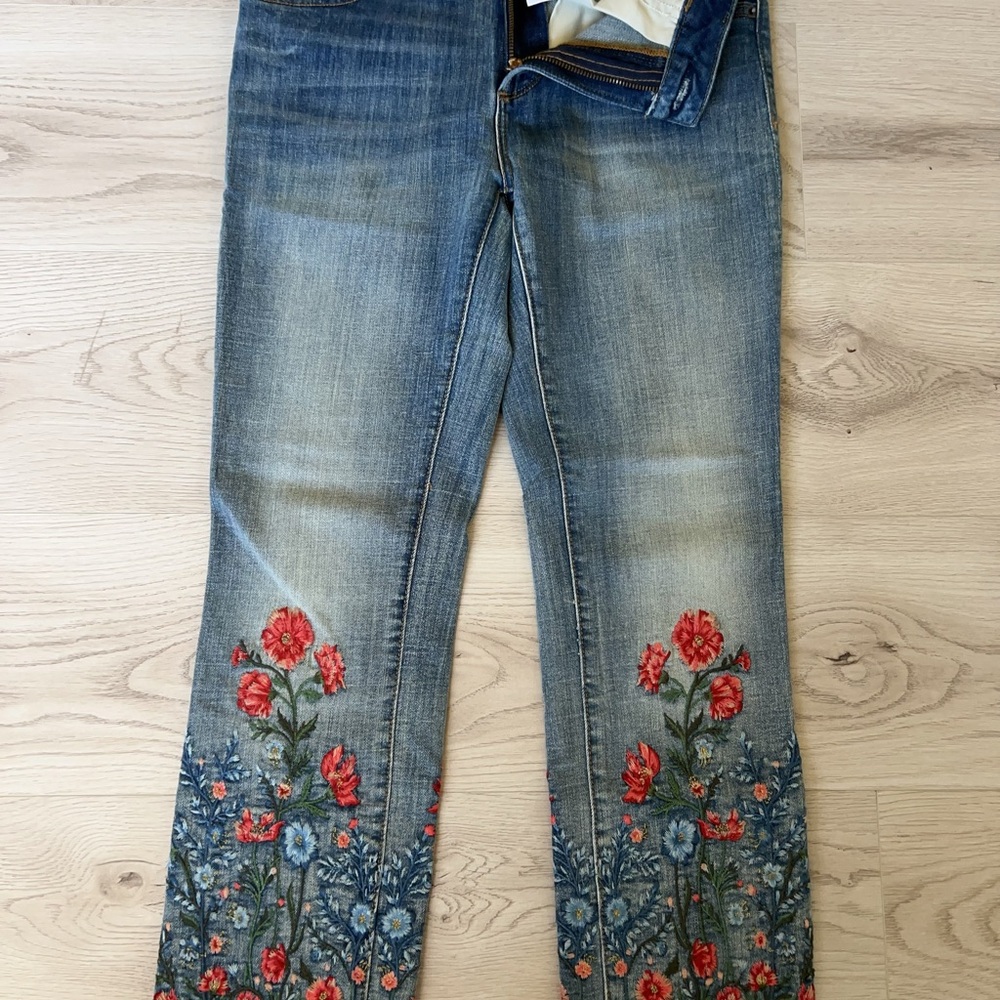 DRIFTWOOD Blue and Red Straight Leg Jeans with Floral Embroidery